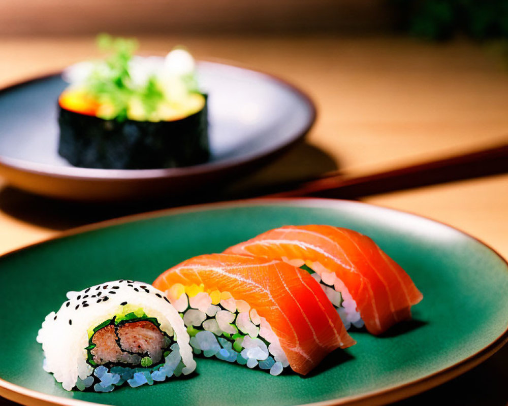 Assorted sushi types on green plate: salmon nigiri, radish-wrapped roll, seaweed