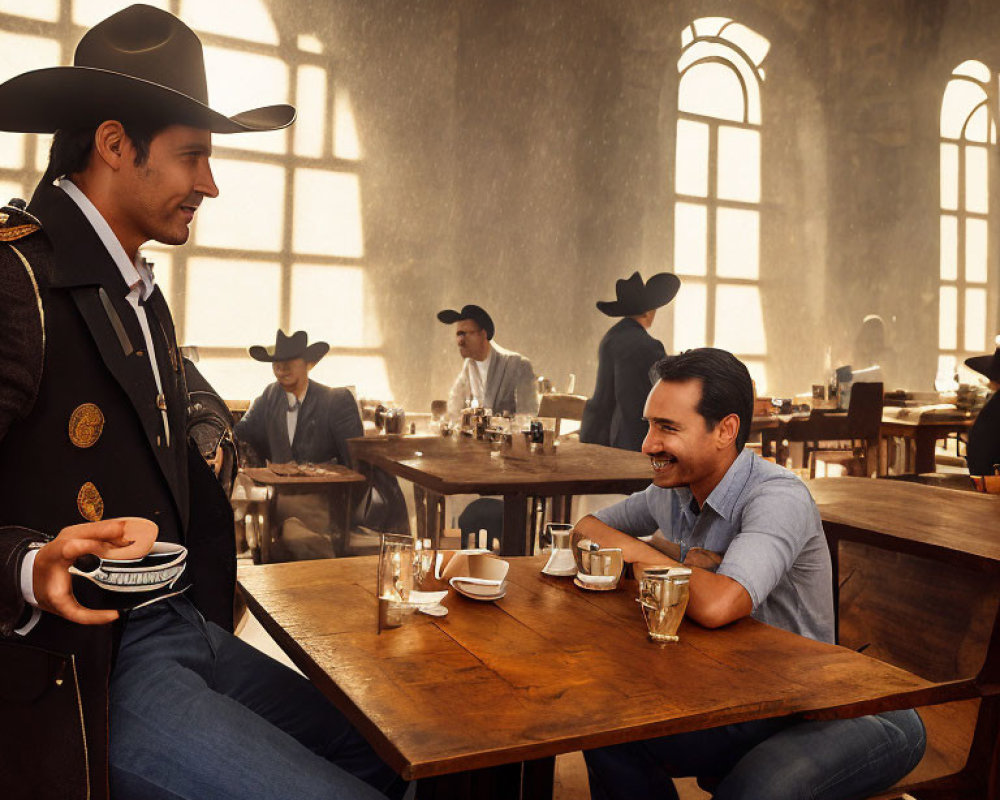 Cowboy and civilian having a conversation in a rustic tavern surrounded by patrons in hats.