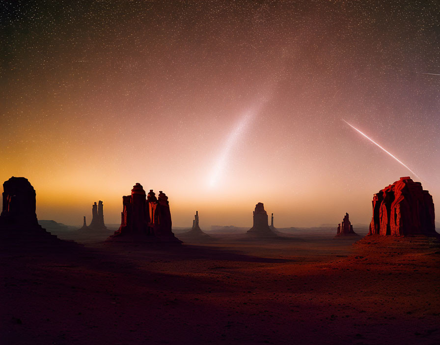 Majestic desert landscape at night with comet tail and shooting stars