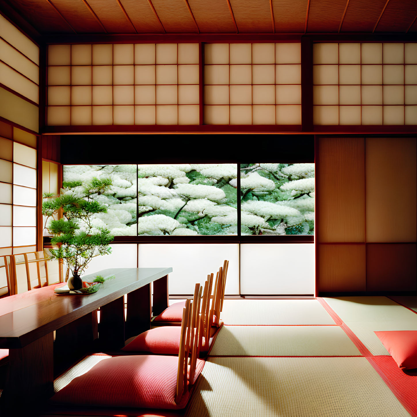 Traditional Japanese Room with Tatami Flooring, Shoji Screens, Wooden Table, Chairs, and Bons