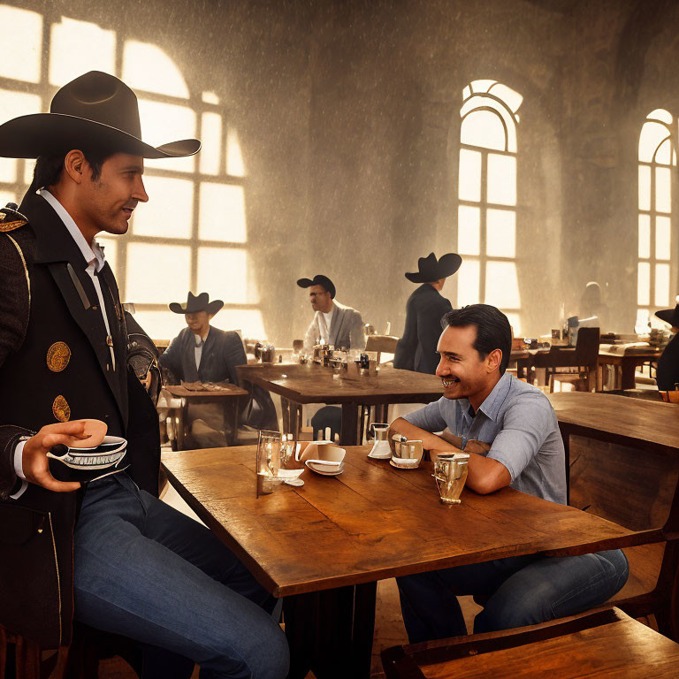 Cowboy and civilian having a conversation in a rustic tavern surrounded by patrons in hats.