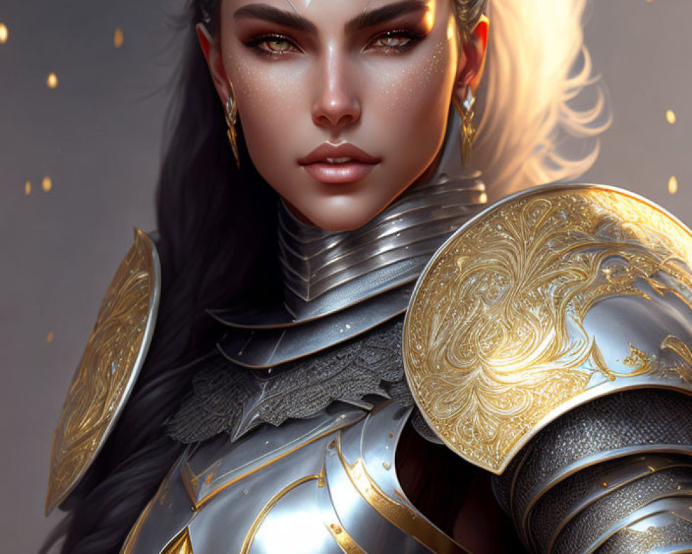 Female Warrior Digital Artwork: Ornate Golden Armor & Crown on Grey Background