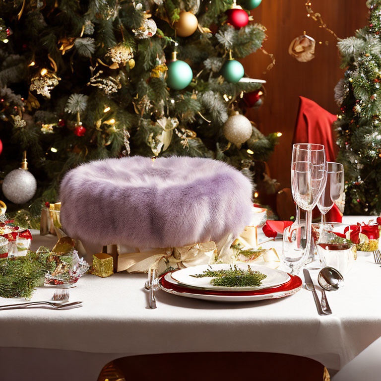 Elegant Festive Dining Table with Purple Fur Throw and Christmas Tree