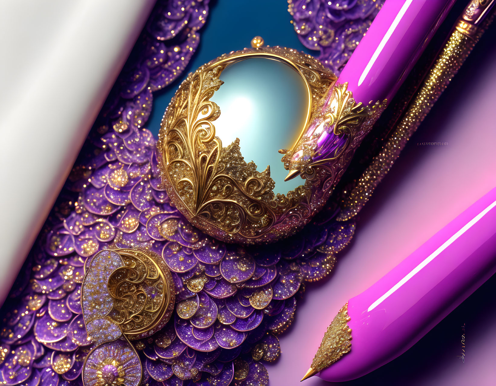 Golden Mirror with Intricate Designs on Purple Sequins Next to Golden-Tipped Pen