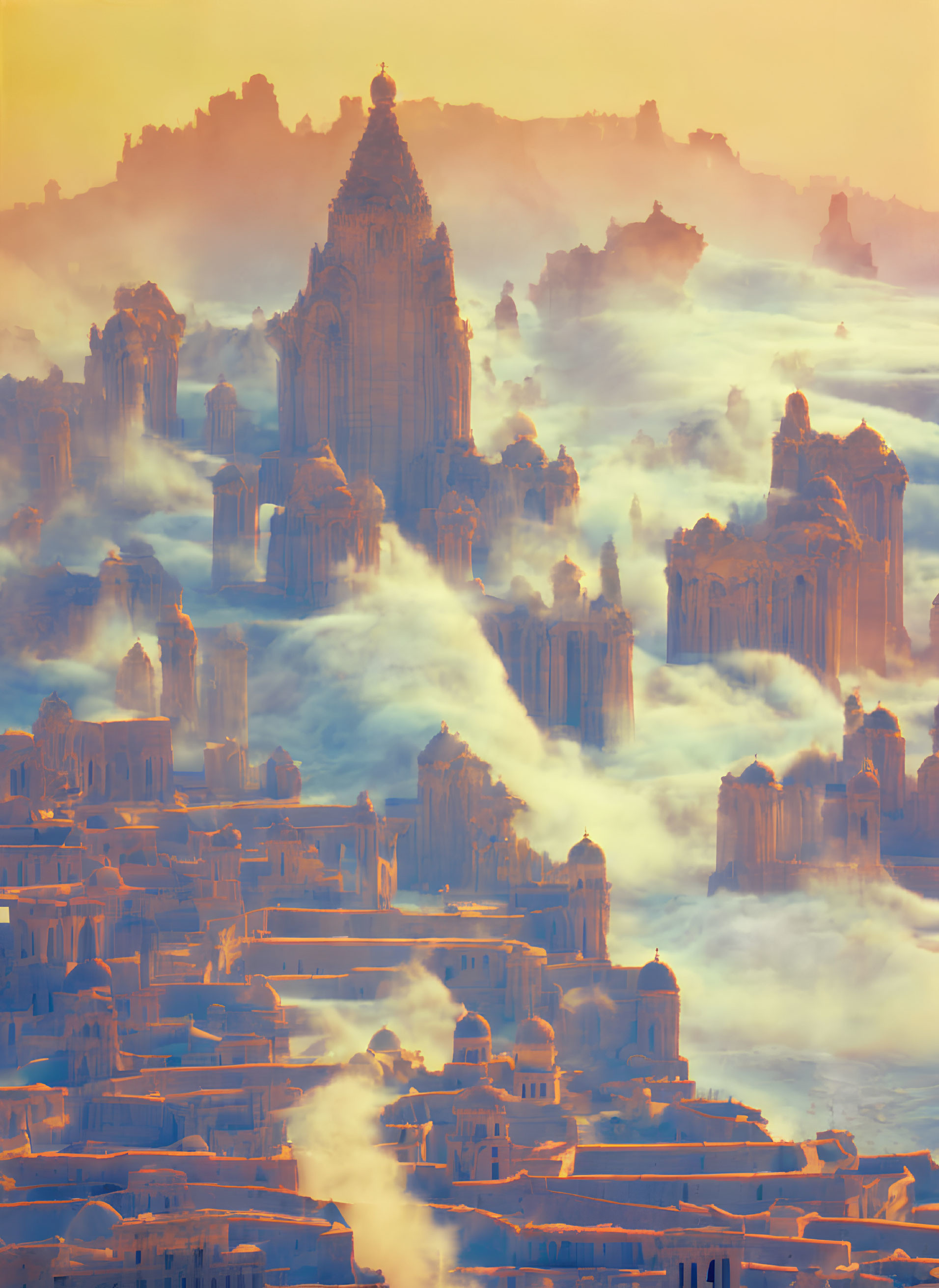 Golden cityscape with ornate spires in mystical fog at sunrise