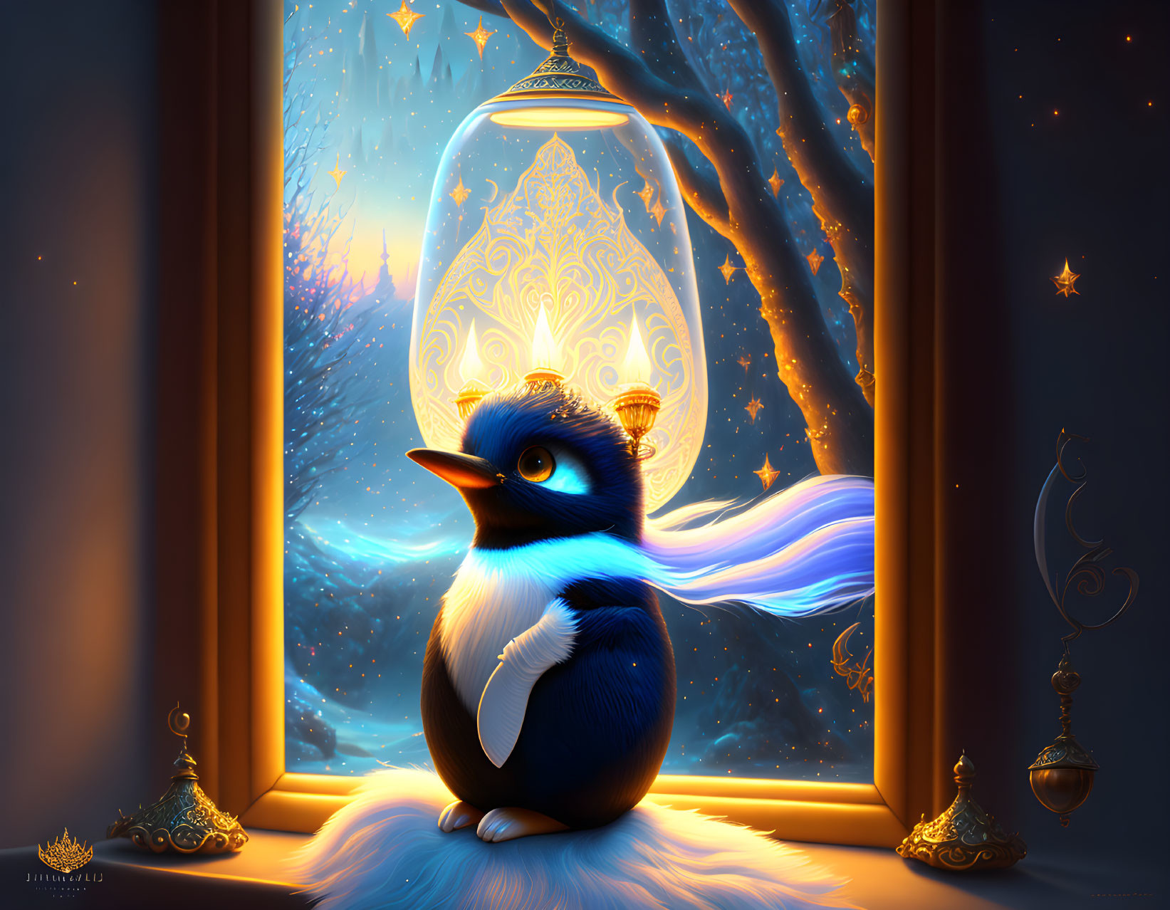 Blue penguin illustration with long tail gazing at snowy twilight landscape