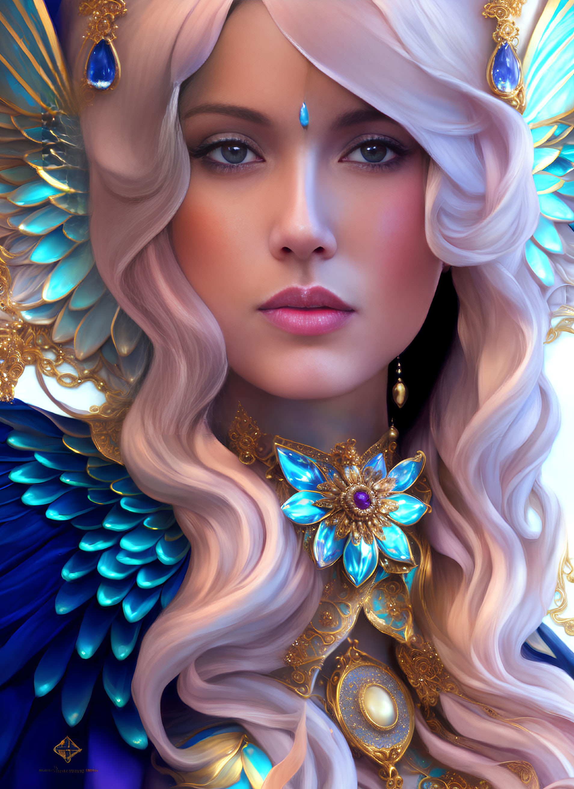 Portrait of Woman with White Hair, Blue Eyes, Gold and Blue Jewelry, Ornate Bird Feather Shoulder