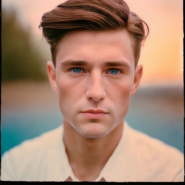 Young man portrait with neat hair, blue eyes, fair skin, light shirt against natural backdrop