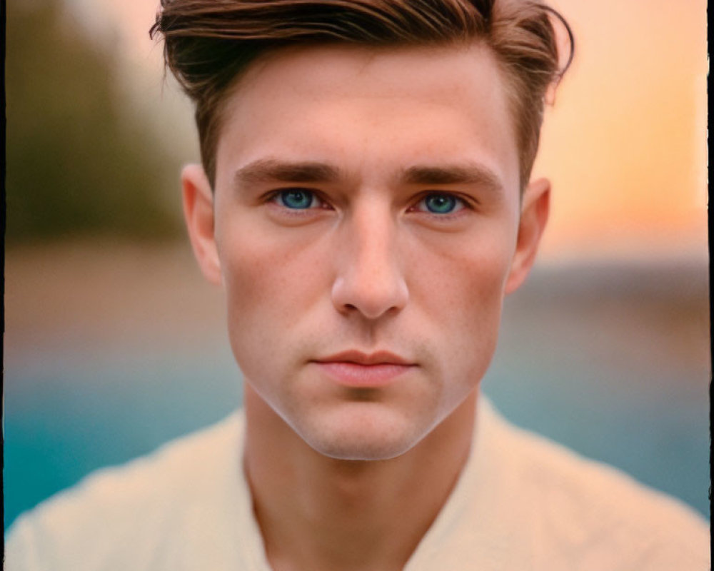 Young man portrait with neat hair, blue eyes, fair skin, light shirt against natural backdrop