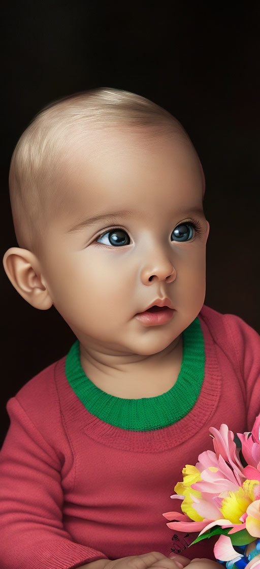 Baby with Blue Eyes and Pink Flowers in Red Shirt on Dark Background