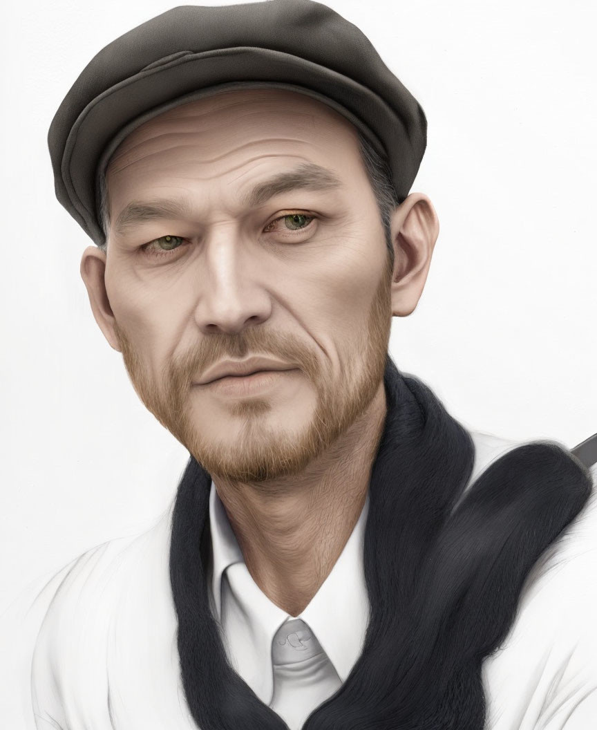 Digital portrait of stern man with flat cap and long braided dark beard.