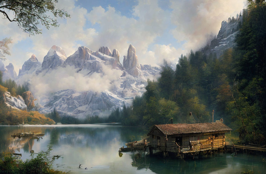 Tranquil lake scene with rustic cabin, snowy mountains, and misty sky