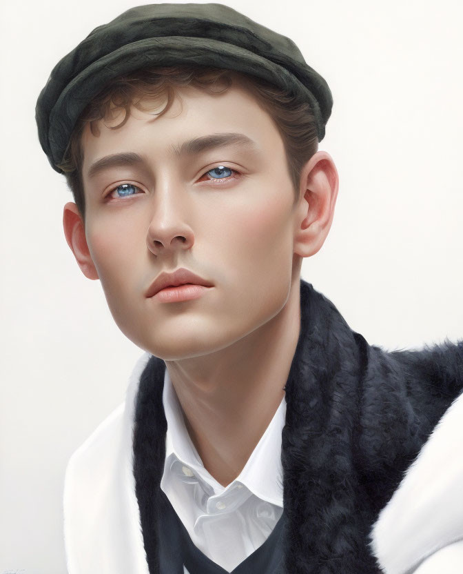 Portrait of young person with striking blue eyes in black cap, white shirt, and furry black vest