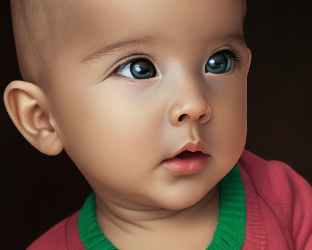 Baby with Blue Eyes and Pink Flowers in Red Shirt on Dark Background