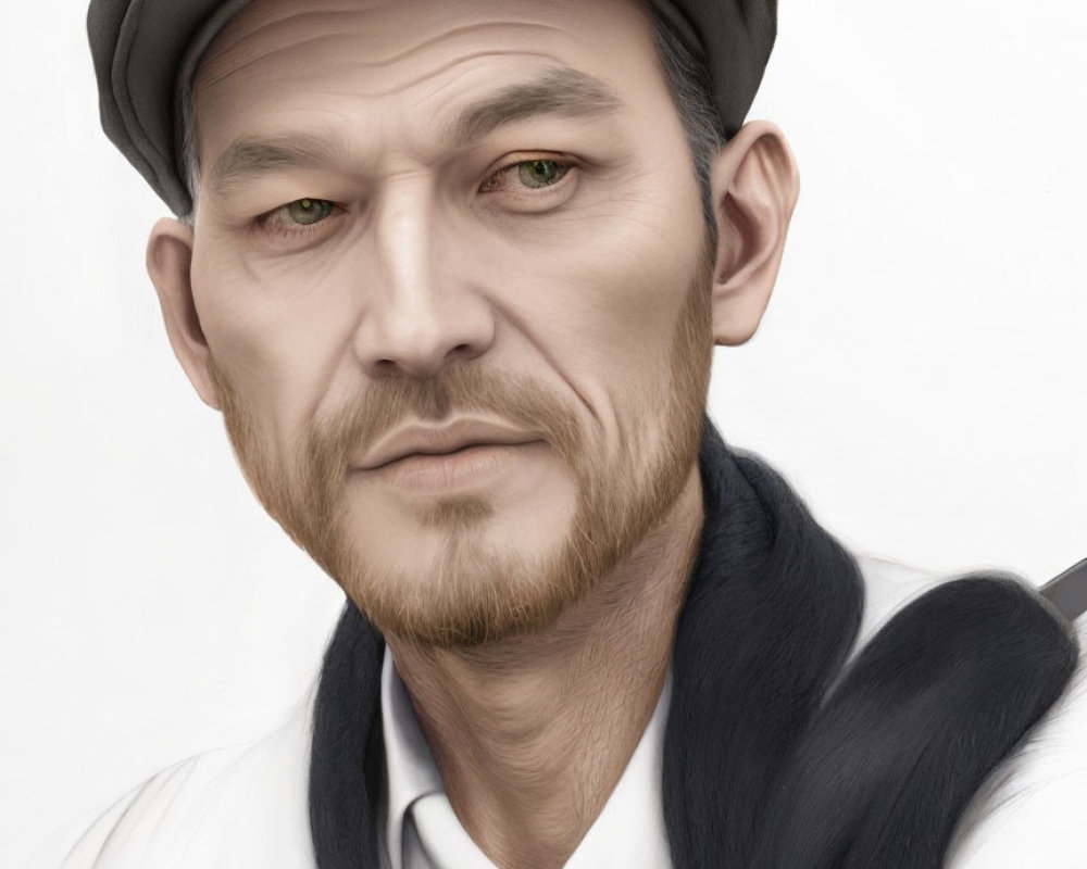 Digital portrait of stern man with flat cap and long braided dark beard.