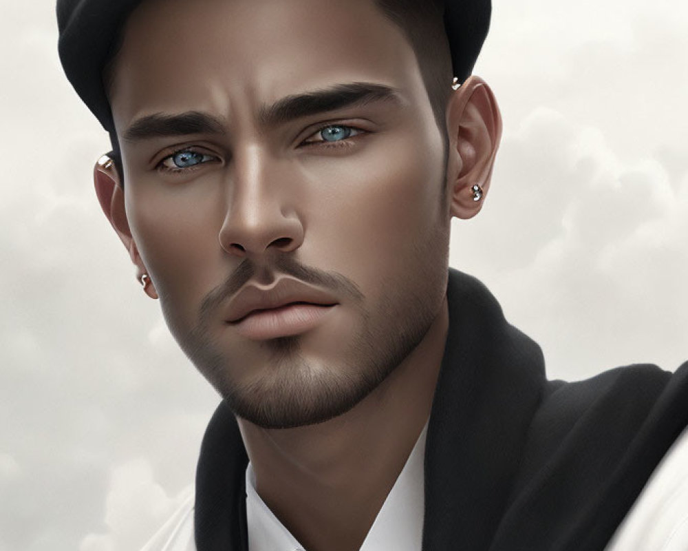 Portrait of a Man with Blue Eyes, Black Cap, and Vest on White Shirt