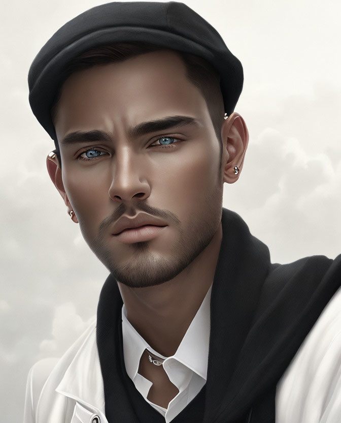 Portrait of a Man with Blue Eyes, Black Cap, and Vest on White Shirt