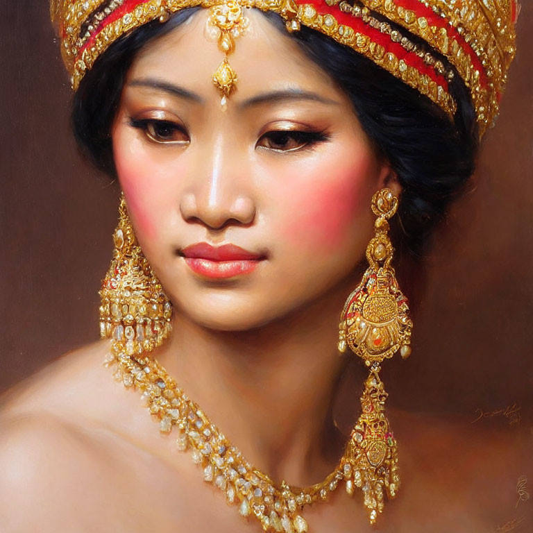 Elaborate Golden Jewelry and Traditional Headpiece on Woman Painting