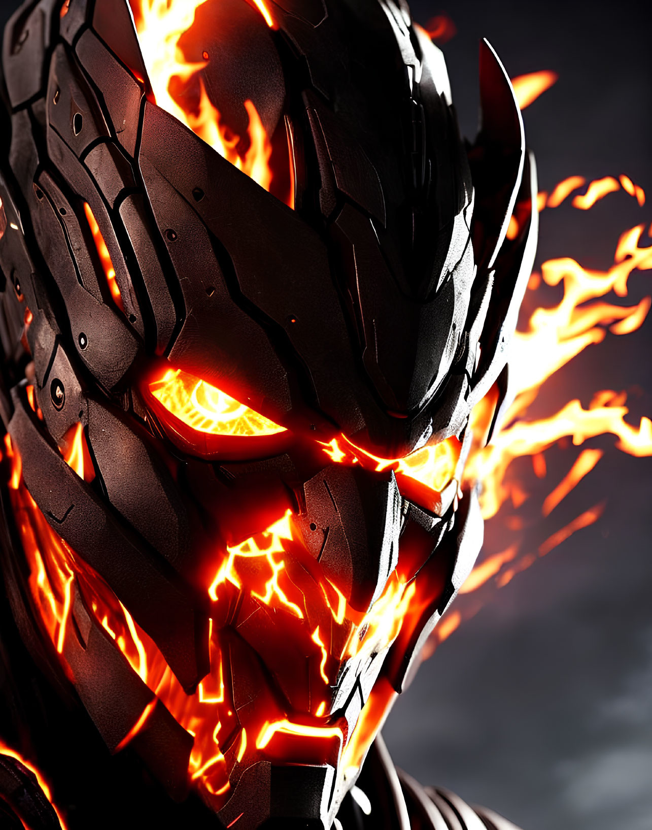 Menacing robot face with glowing red eyes and fiery cracks on dark metallic armor