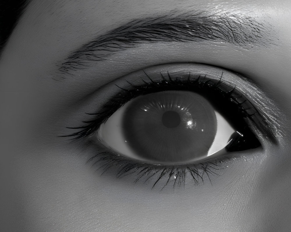 Detailed grayscale human eye close-up showcasing skin textures, eyebrow, and eyelashes.