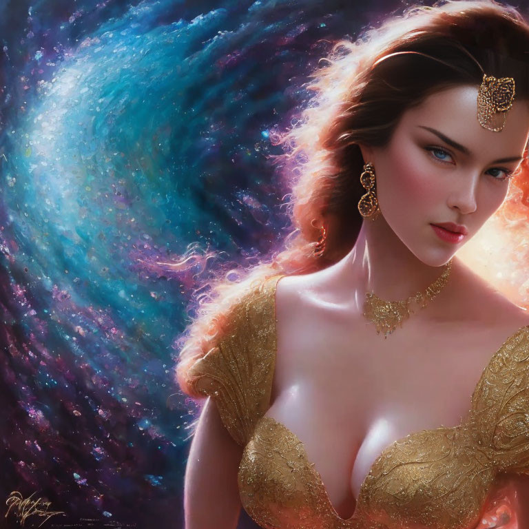 Elaborate Golden Jewelry on Woman with Cosmic Background