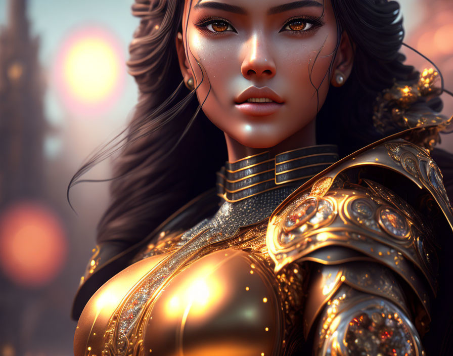 Detailed digital artwork of a woman in ornate golden armor with blurred background