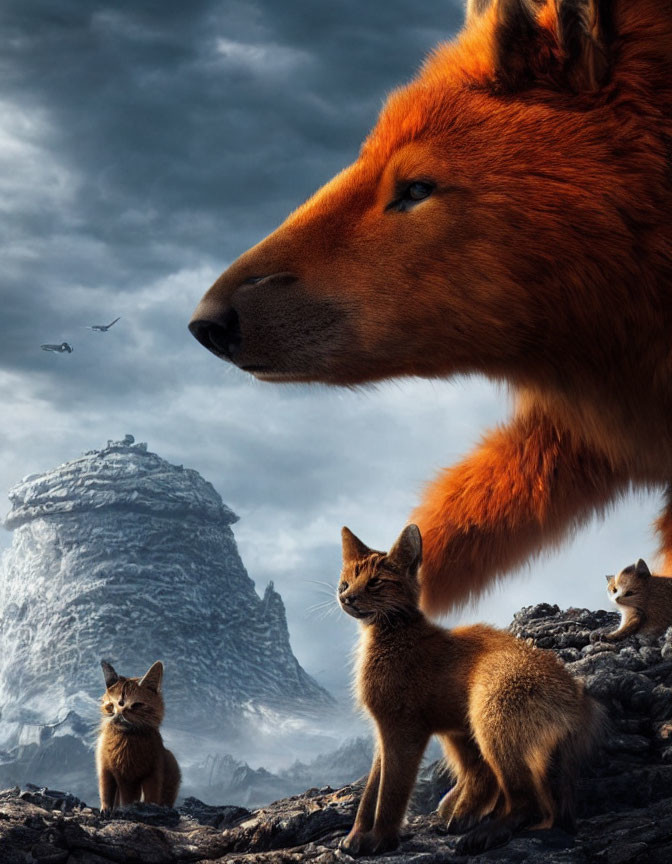 Gigantic fox with two smaller foxes in rocky landscape with mountain and flying birds under cloudy sky