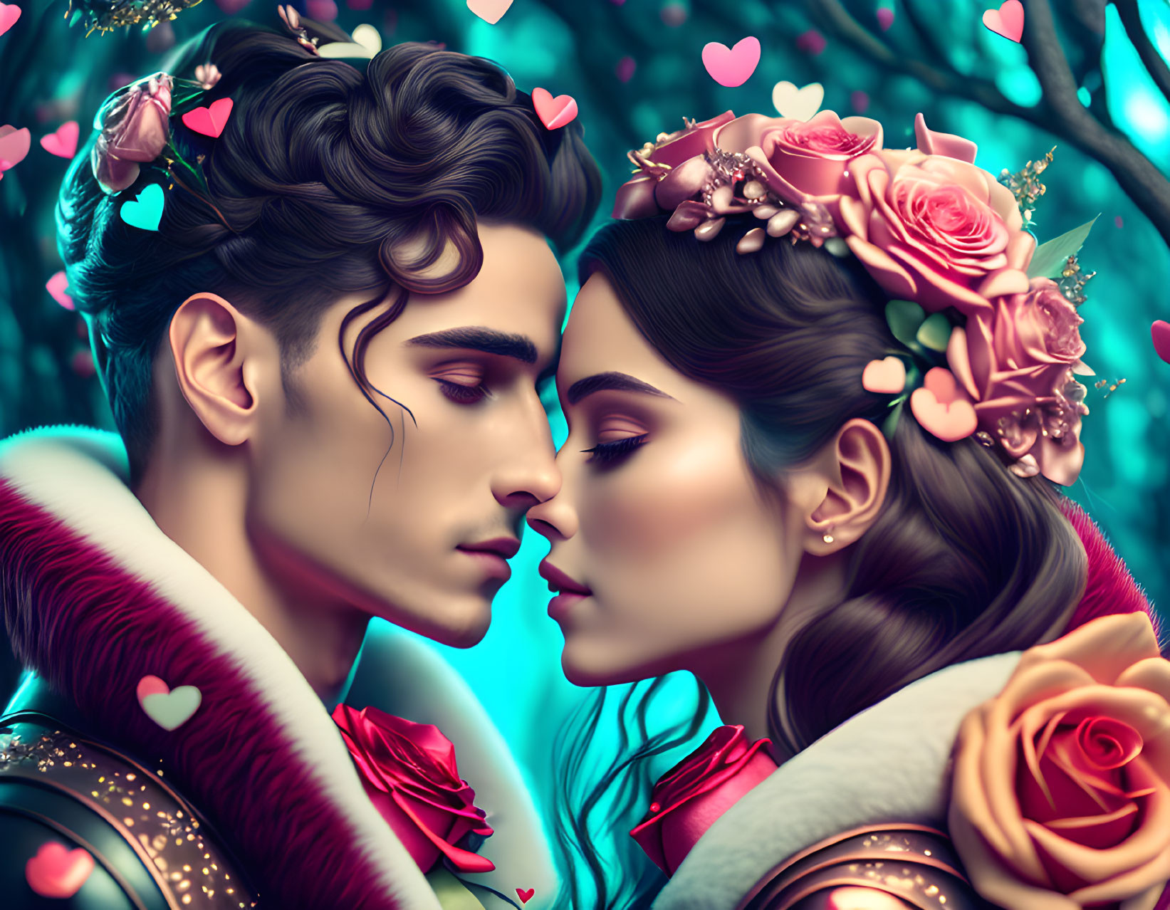 Romantic couple illustration with roses, hearts, and detailed styling