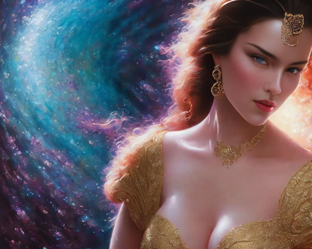 Elaborate Golden Jewelry on Woman with Cosmic Background