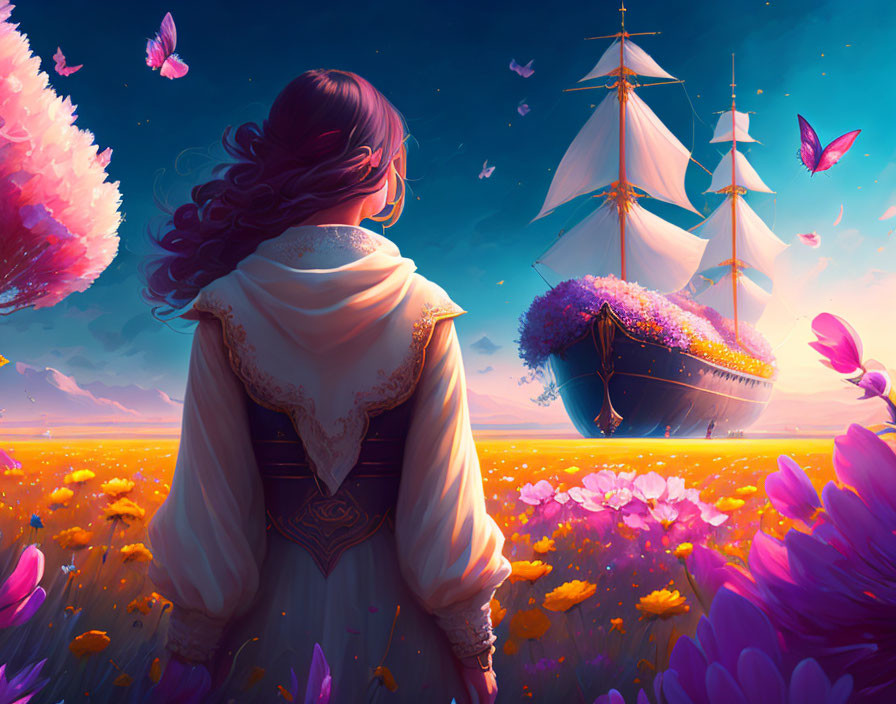 Historical woman admires ship with blooming flowers in vibrant field