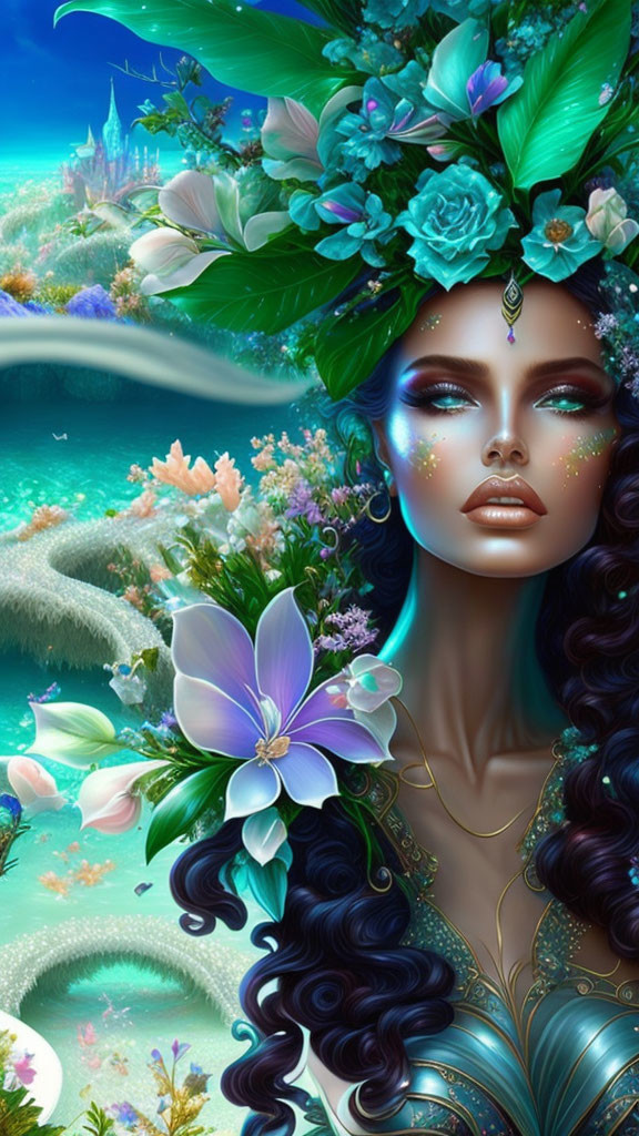 Fantasy illustration: Woman with floral headpiece in vibrant undersea scene