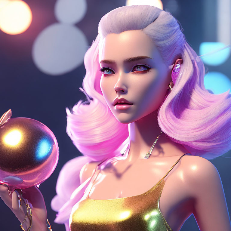 Female character with pastel pink hair holding metallic sphere in 3D render