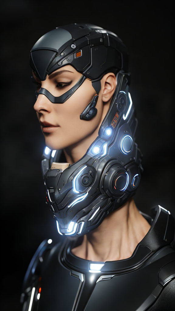 Futuristic helmet and neck gear with glowing blue lights on dark background