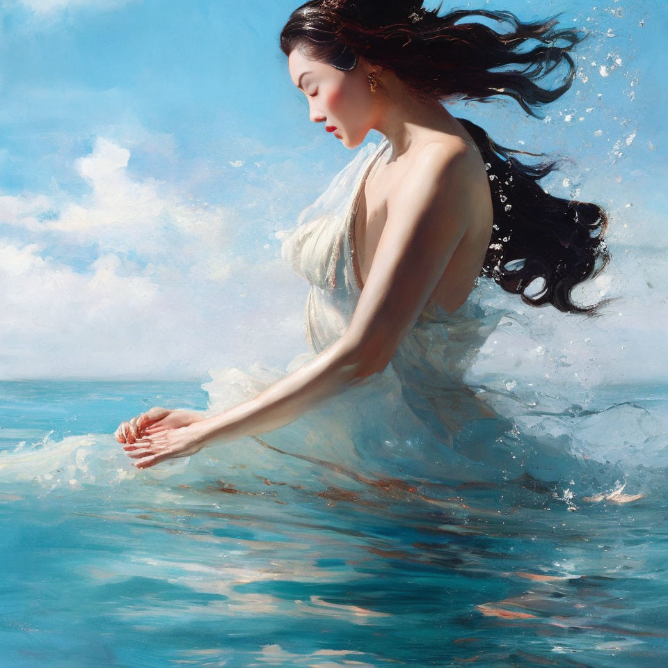 Woman in white dress with dark hair immersed in water by the sea.