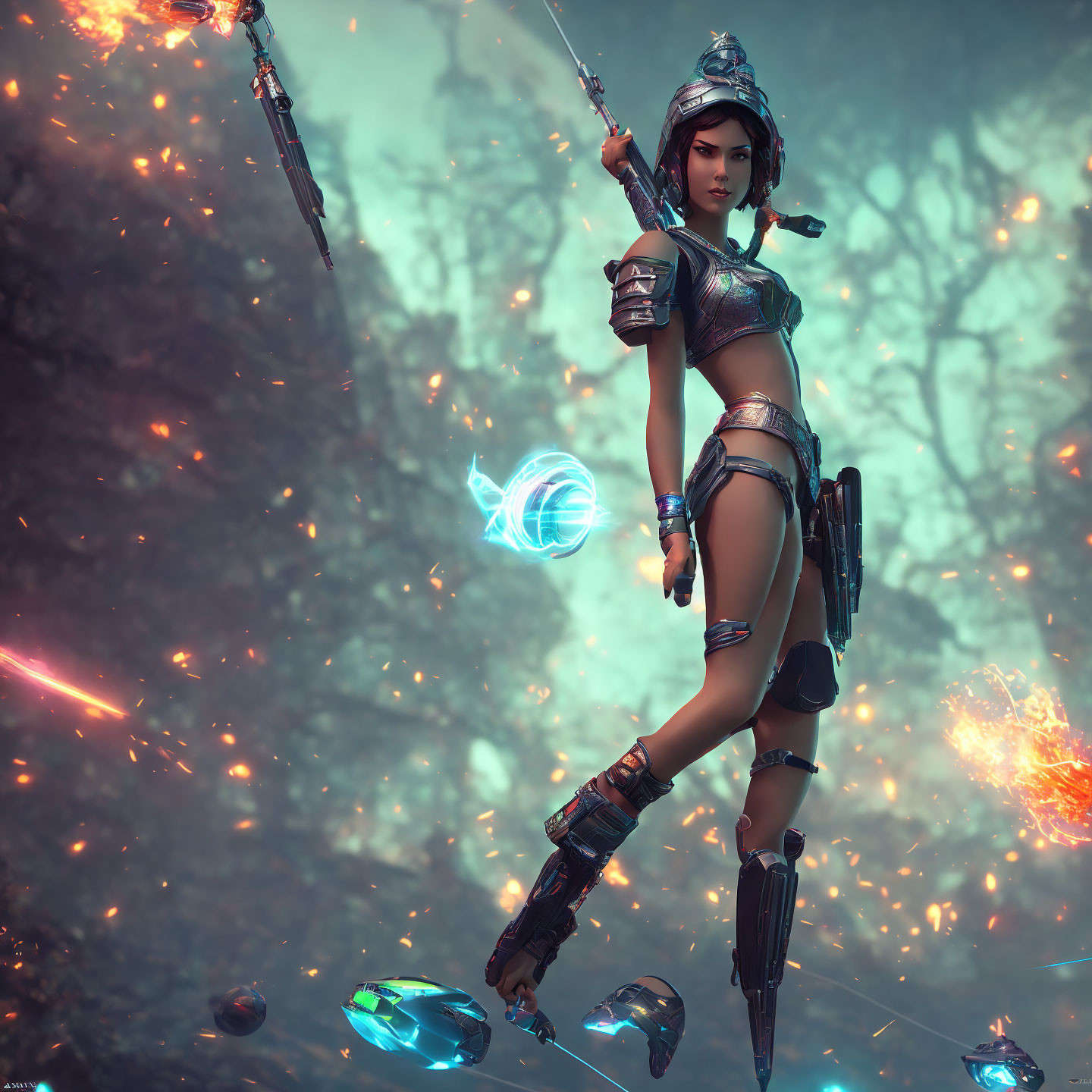 Female warrior in futuristic armor with glowing blue weapon among floating crystals