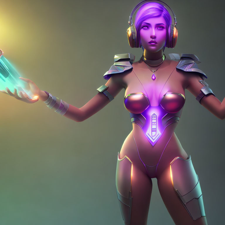 Purple-haired female in futuristic armor with headphones holding blue energy source