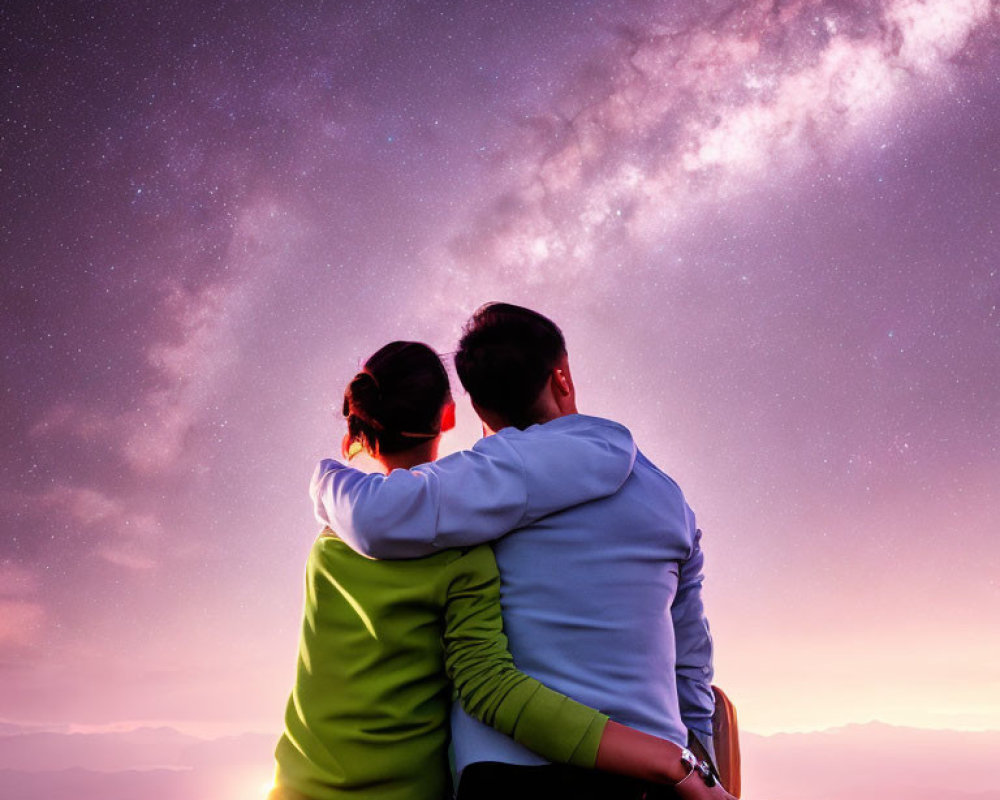 Couple sitting on hilltop at twilight under starry sky