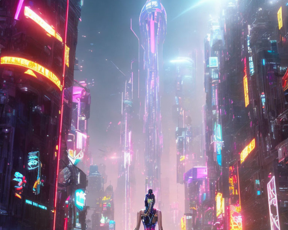 Futuristic night cityscape with neon lights and sci-fi figure