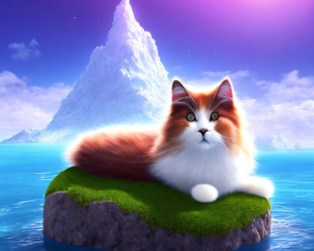 Fluffy orange and white cat on grassy island with ocean, icebergs, and purple sky