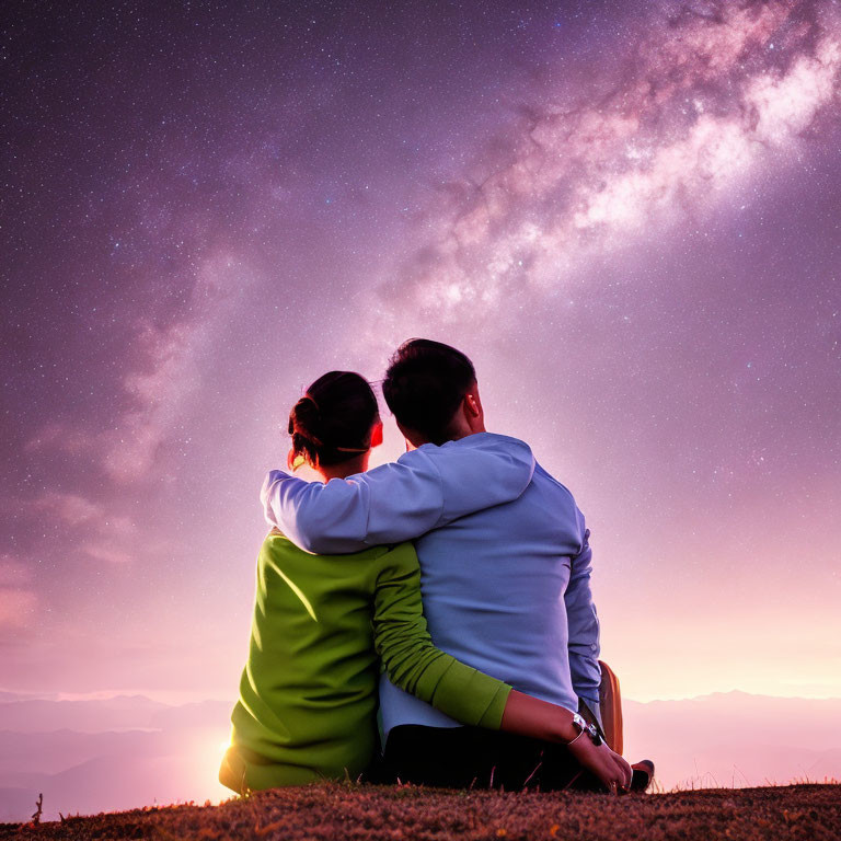 Couple sitting on hilltop at twilight under starry sky