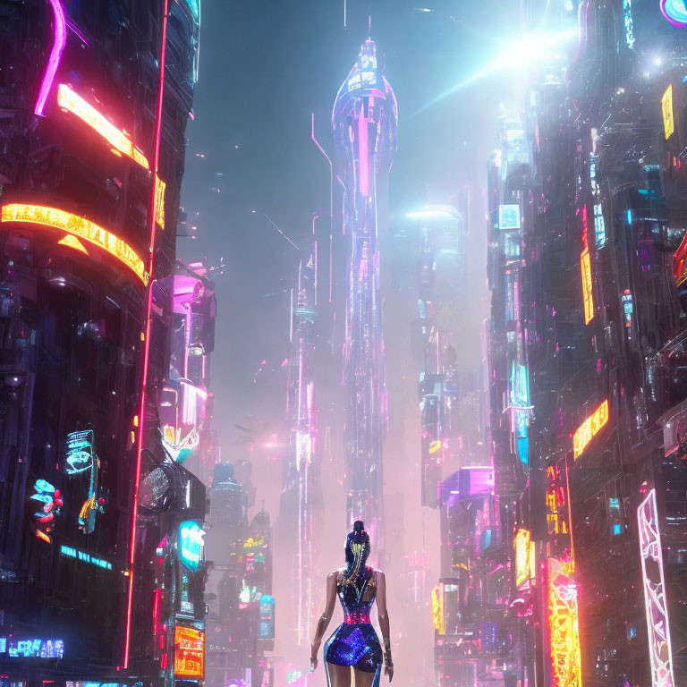 Futuristic night cityscape with neon lights and sci-fi figure