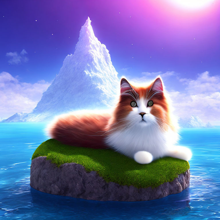 Fluffy orange and white cat on grassy island with ocean, icebergs, and purple sky