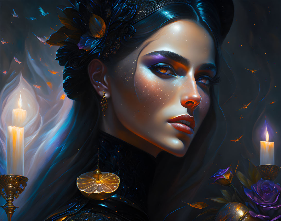 Woman portrait with elaborate makeup, candles, and glowing butterflies for mystical ambiance.