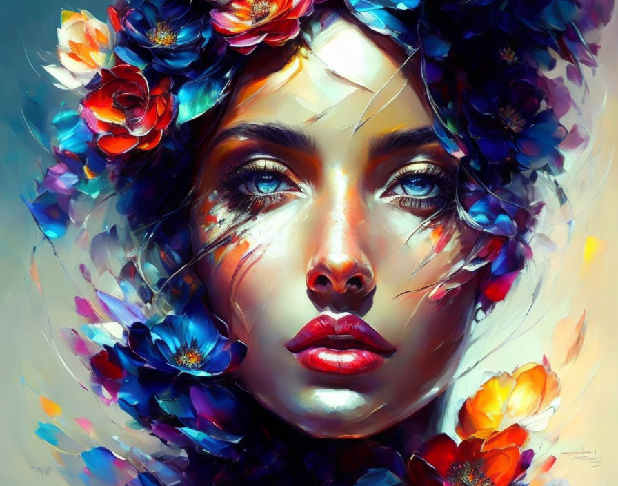 Vivid floral portrait of a woman with dreamy expression