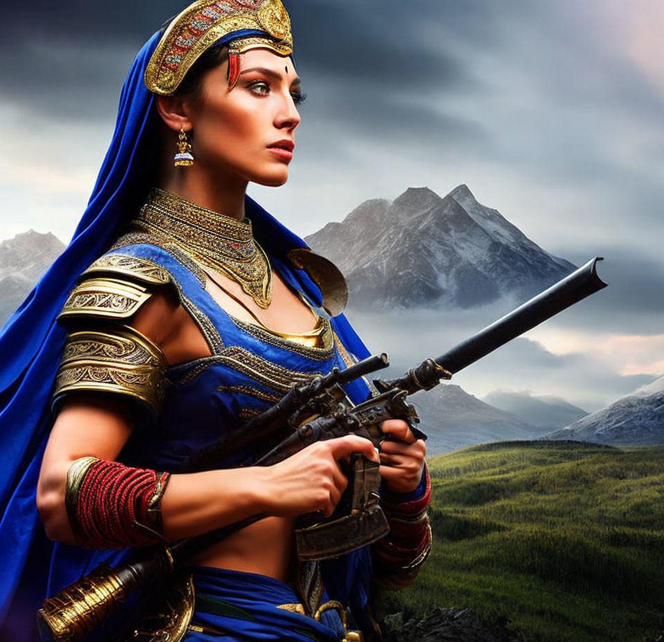 Historical armor-clad woman with rifle against mountain backdrop