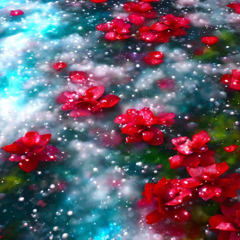 Red Flowers Float on Sparkling Blue and Green Background