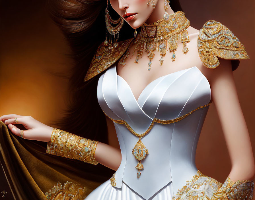 Illustration of woman in gold jewelry and elegant white outfit