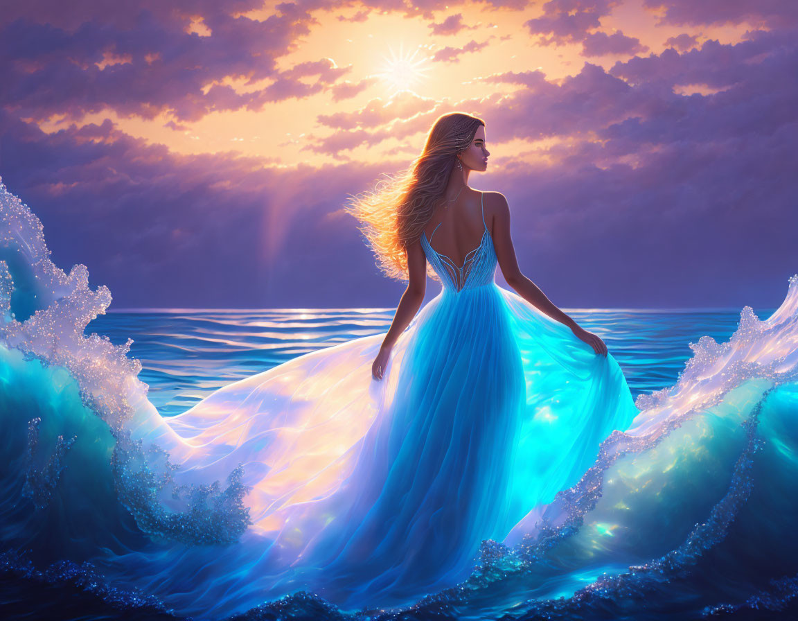 Woman in blue dress admiring sunset over vibrant waves