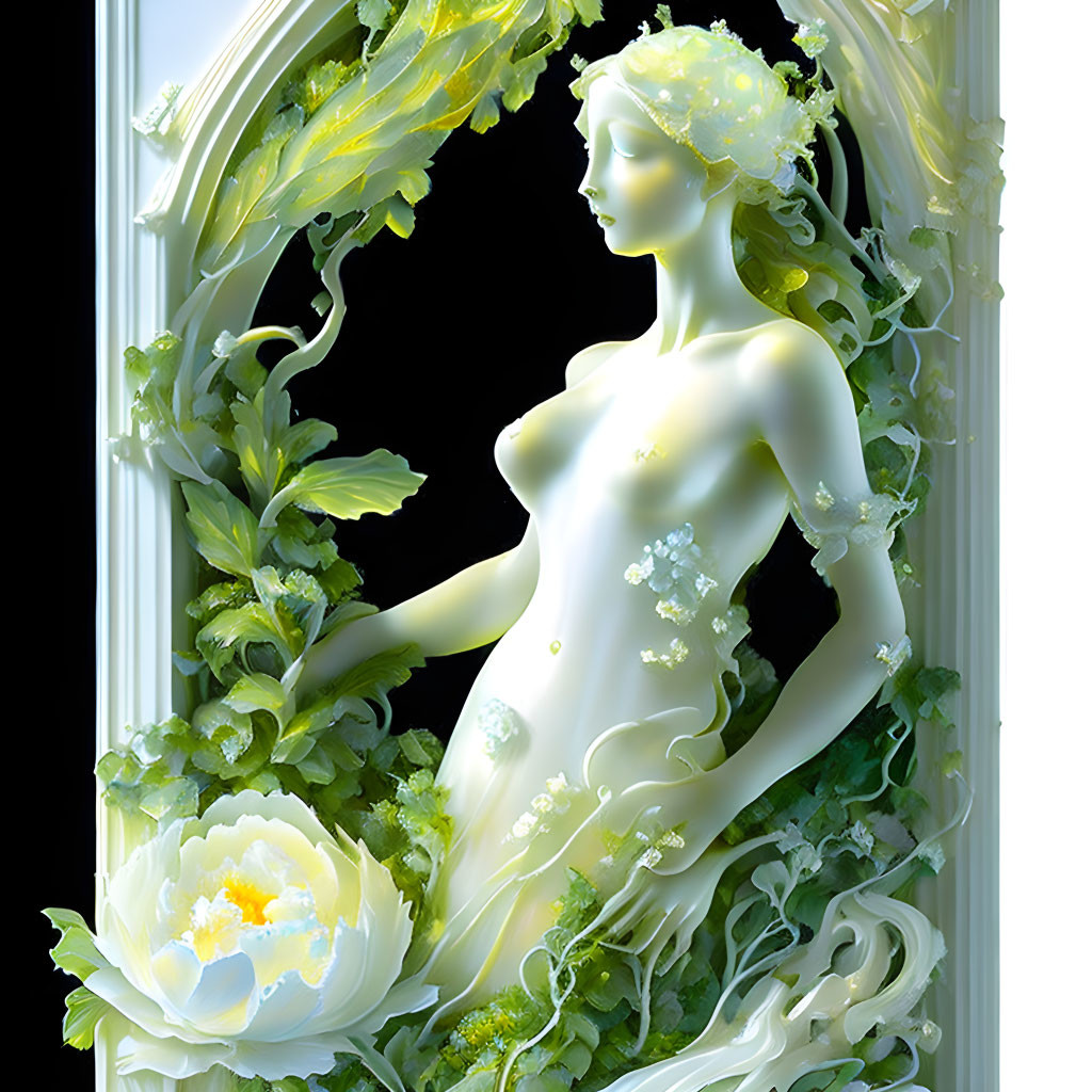 Translucent Figure Surrounded by Green and White Flora in Ornate Window