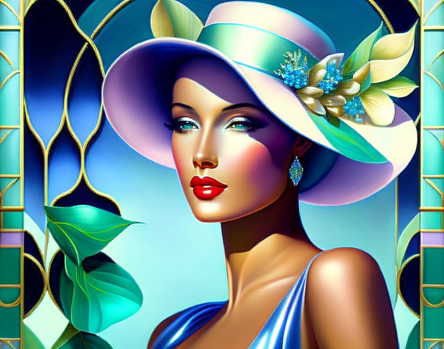 Stylized illustration of woman in wide-brimmed hat with flowers, blue and green tones